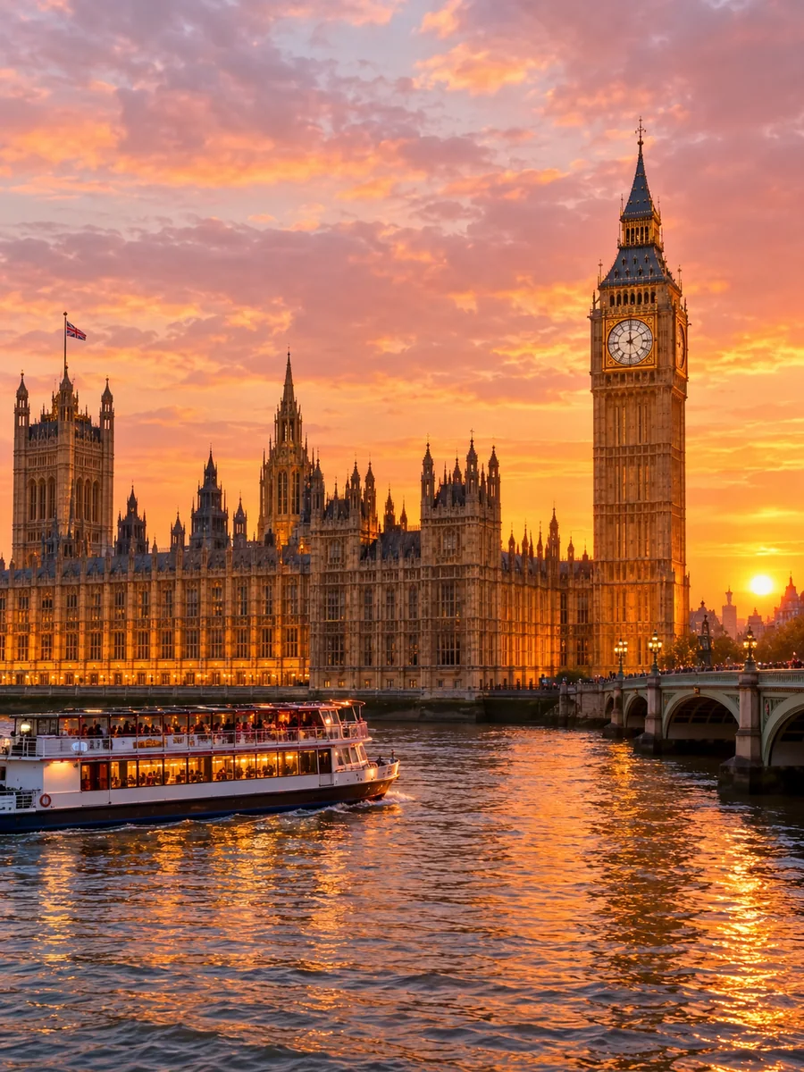 The Houses of Parliament and Elizabeth Tower in golden evening light seen from the Thames