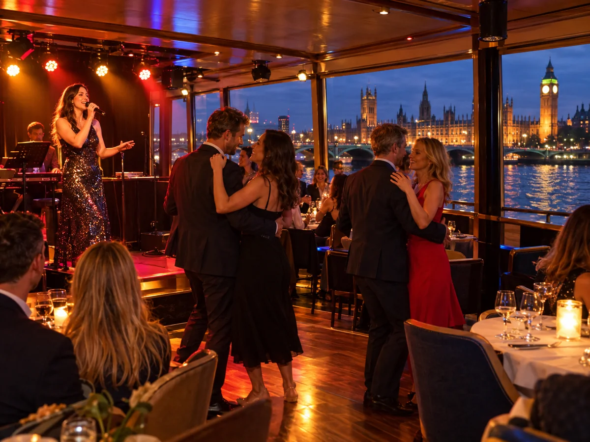 A singer performing as couples dance between the tables on an evening cruise