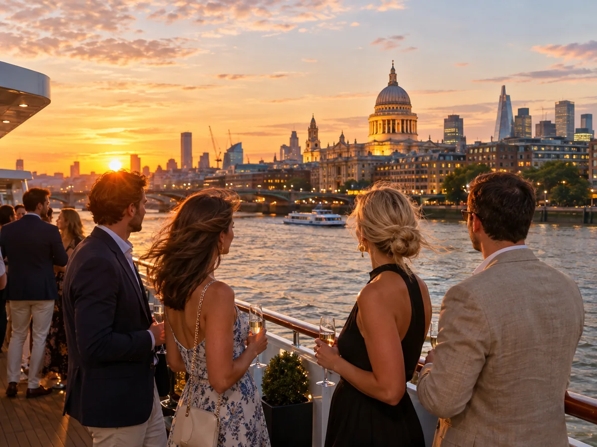 Guests on the open top deck of a cruise boat at sunset with St Paul's Cathedral behind