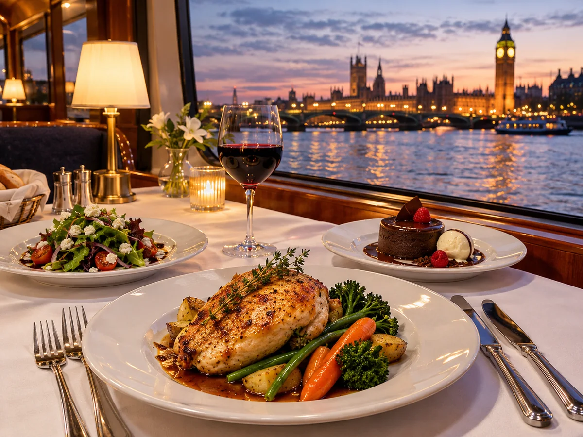 A plated three-course dinner on a white tablecloth beside a window over the river